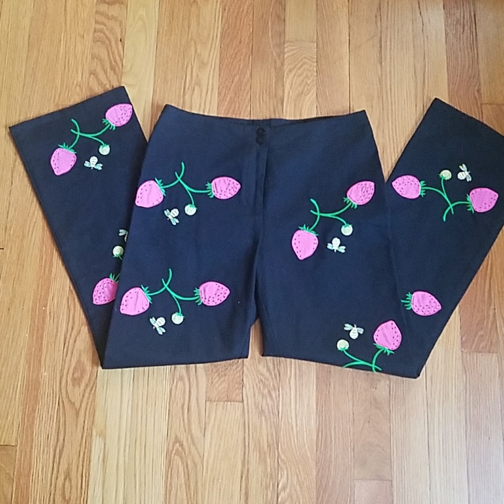 Black Pants  strawberry appliqué by CJ Laing